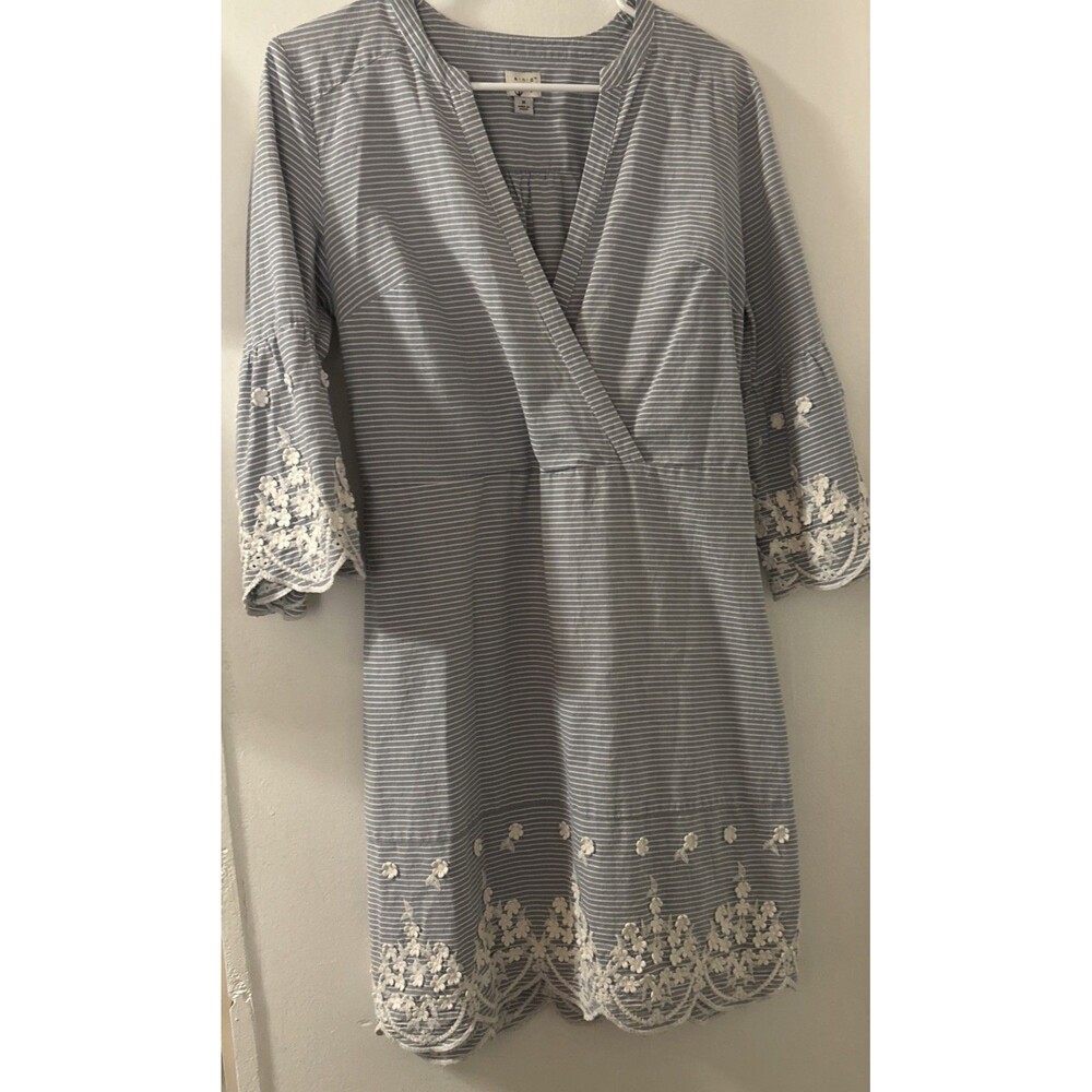 A New Day Striped Blue & White Trumpet Sleeve Dress V-Neck lace coastal M embroi